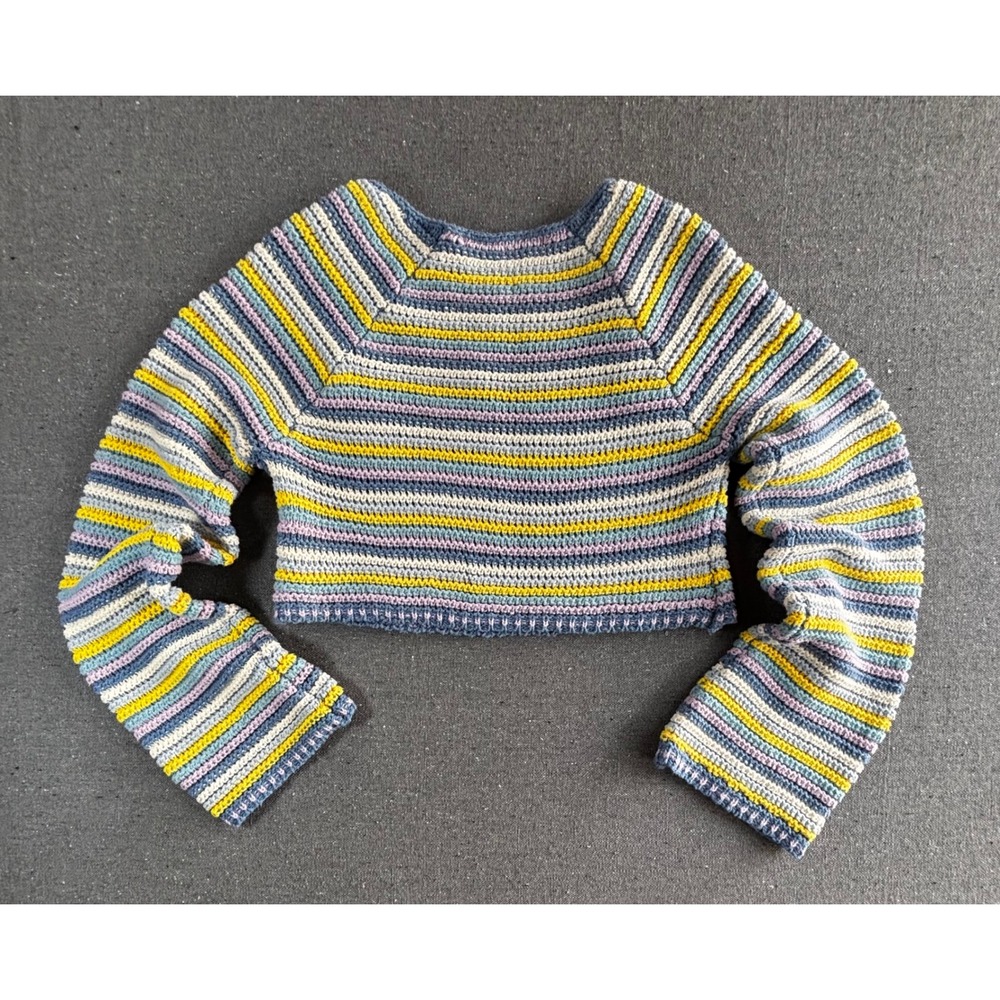 Altar'd State XS Striped Crochet Knit Cropped Sweater Square Neck Blue Yellow - Picture 7 of 7